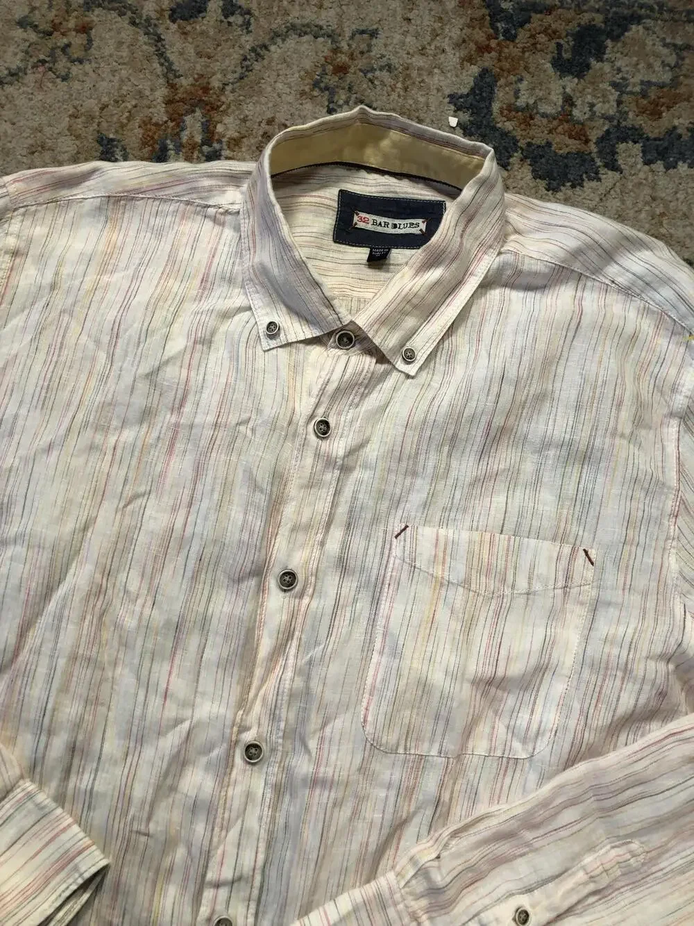 32 Bar Blues Shirt Mens XL White Stripe Long Sleeve Button Up Casual Lightweight